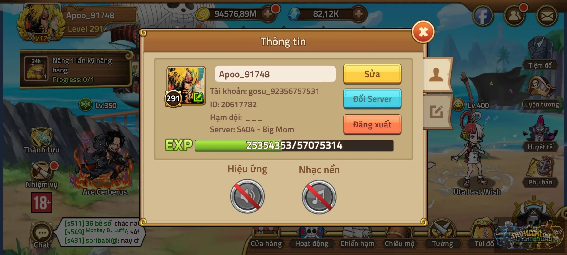 DANBAC TOP 2 s404 pet vip nhì game bảo vật siêu phẩm siêu ngon x2 shirahoshi lv450 63b hp , luyện hồn lv40 tướng bao đẹp
