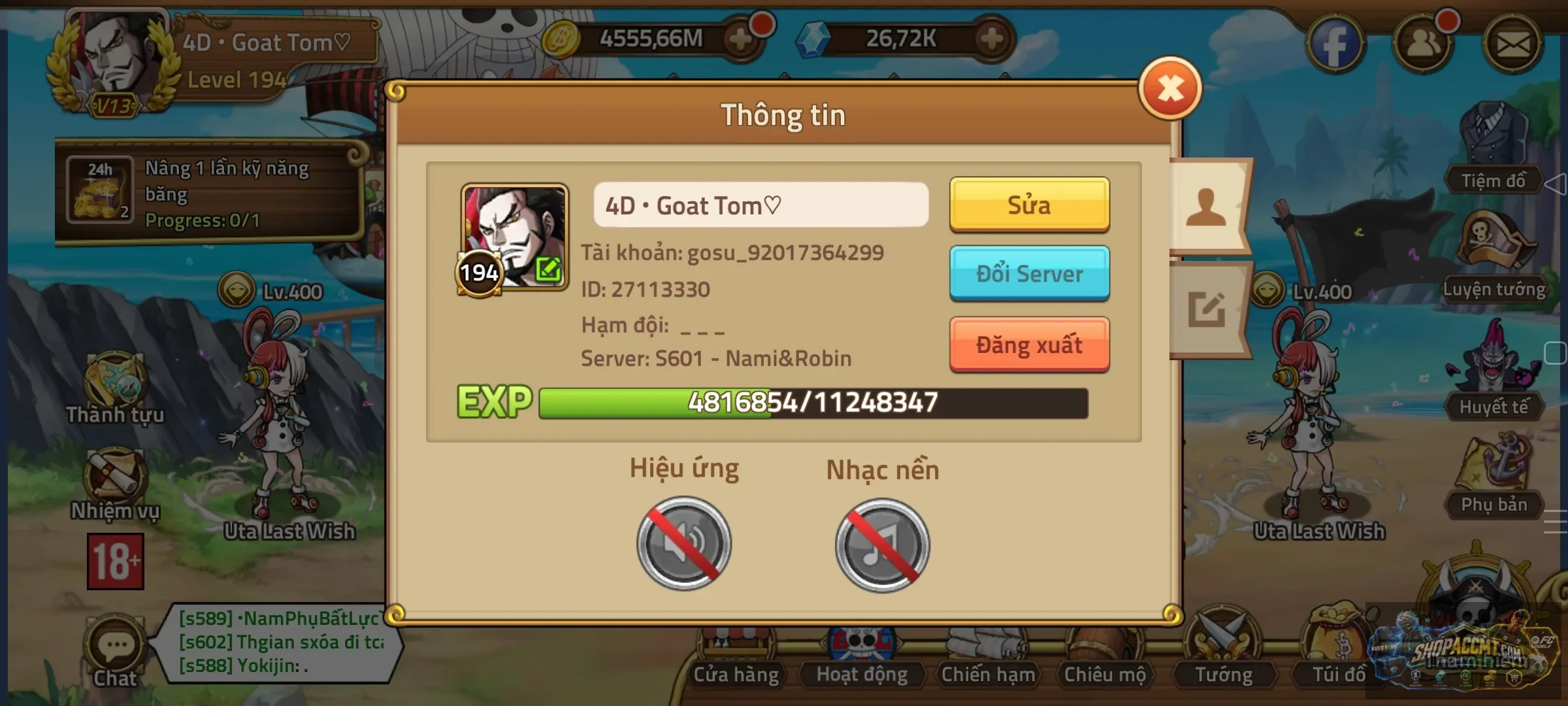 Top 1 s601 nami&robin e5 x2 garp lv450 x2 brook lv400 x2 shirahoshi bảo vật siêu vip taq vip
