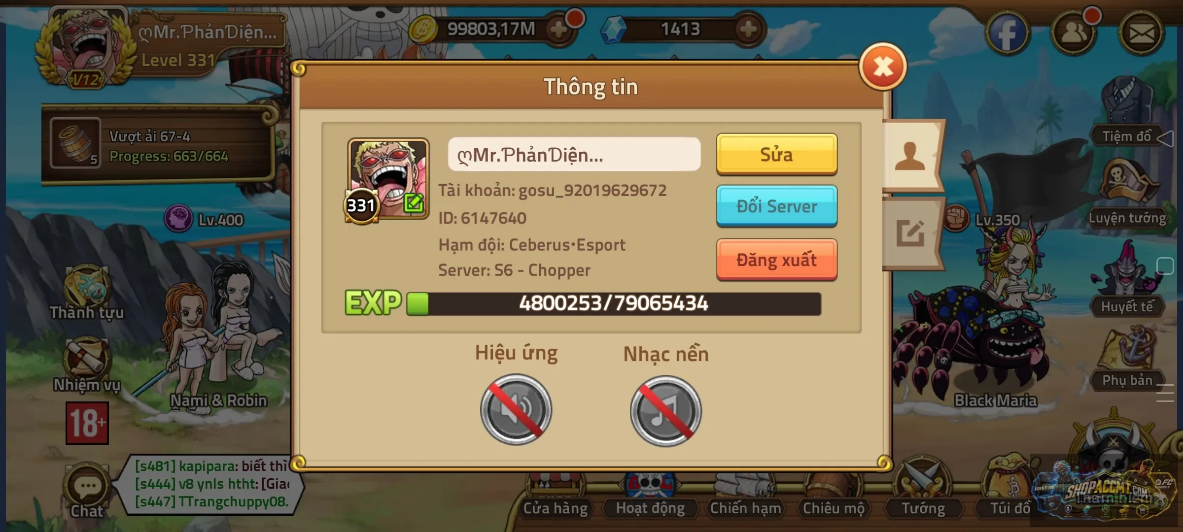 Top s6 roger lv500 shirahoshi lv450 nami&robin e5 pet ngon bảo vật vip taq ngon